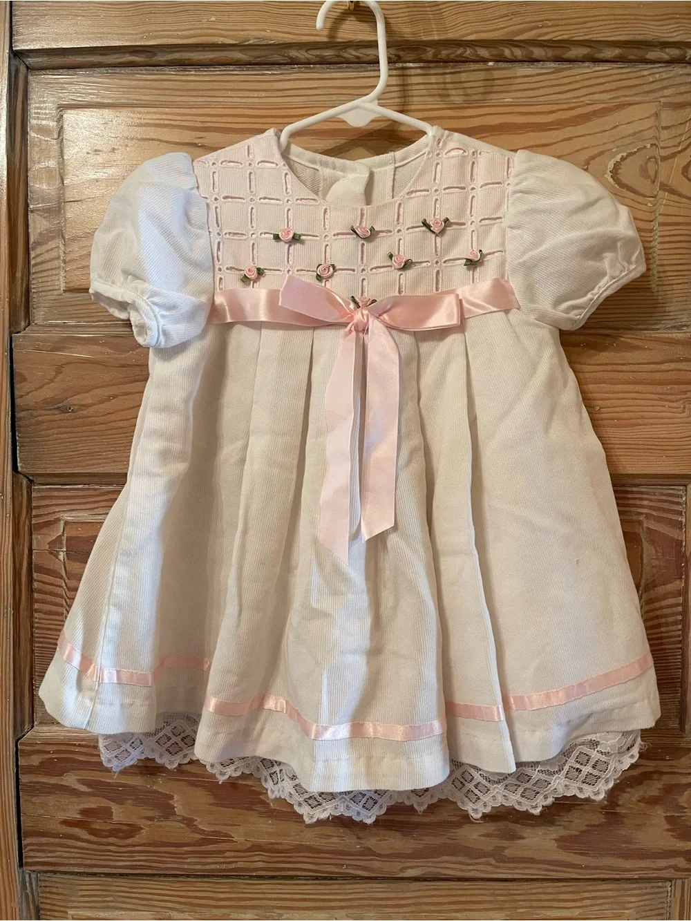 Bonnie Baby White Dress with Pink Ribbon Trim and Bonnet Girls Baby Size 24mo